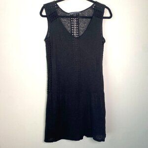 EKYOG 100% Linen Swim Coverup Mini Drop Waist Dress Black Crochet Size S